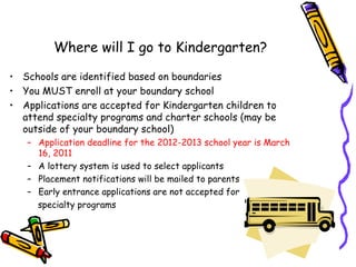 Where will I go to Kindergarten?

• Schools are identified based on boundaries
• You MUST enroll at your boundary school
• Applications are accepted for Kindergarten children to
  attend specialty programs and charter schools (may be
  outside of your boundary school)
   – Application deadline for the 2012-2013 school year is March
     16, 2011
   – A lottery system is used to select applicants
   – Placement notifications will be mailed to parents
   – Early entrance applications are not accepted for
     specialty programs
 