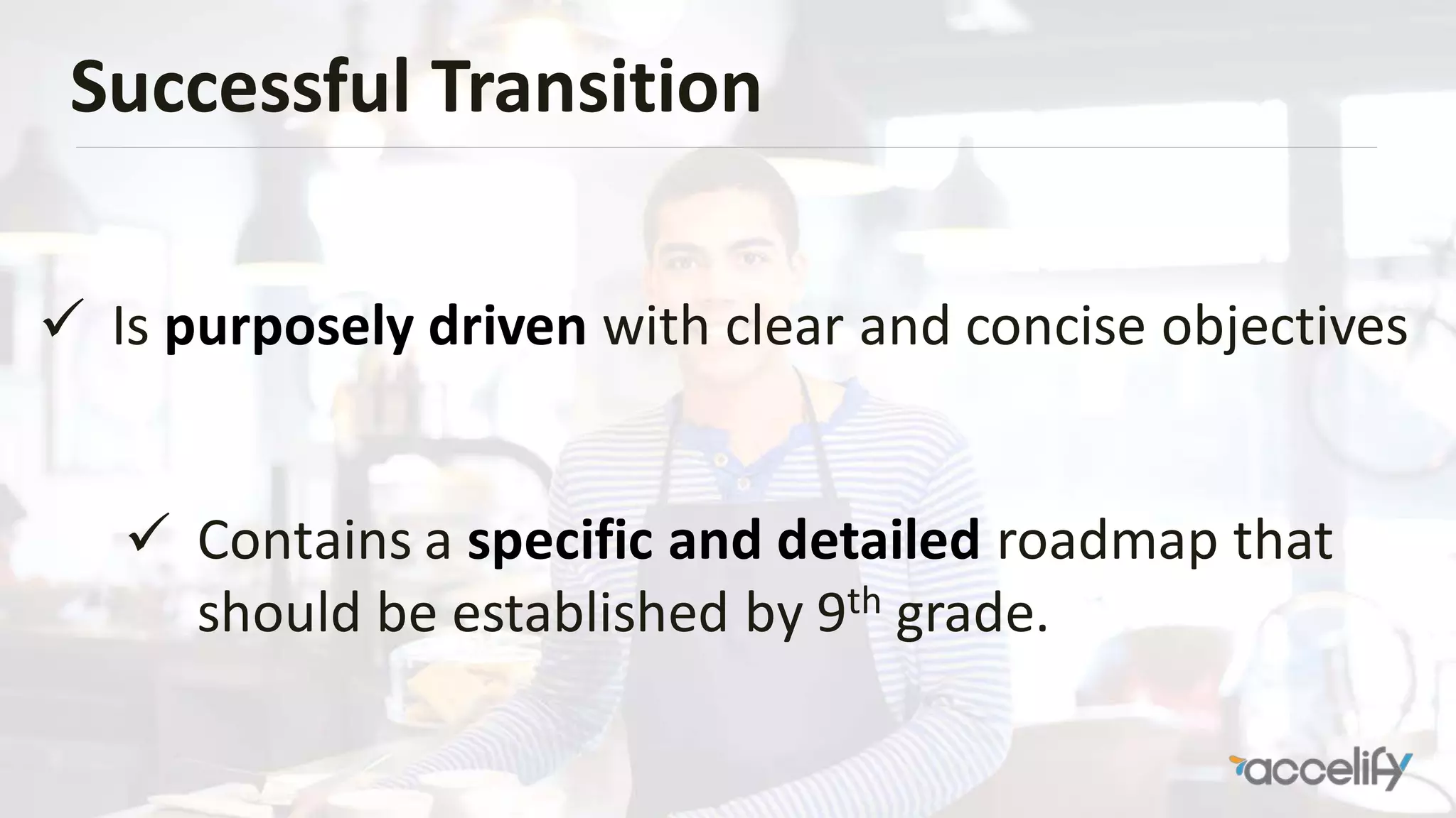 Successful Transition
 Is purposely driven with clear and concise objectives
 Contains a specific and detailed roadmap that
should be established by 9th grade.
 