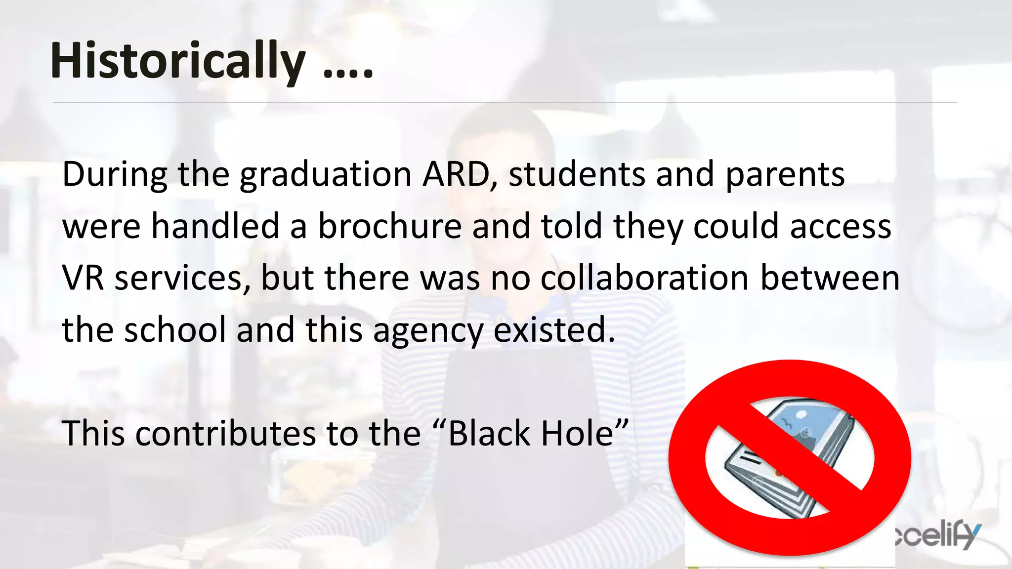 Historically ….
During the graduation ARD, students and parents
were handled a brochure and told they could access
VR services, but there was no collaboration between
the school and this agency existed.
This contributes to the “Black Hole”
 