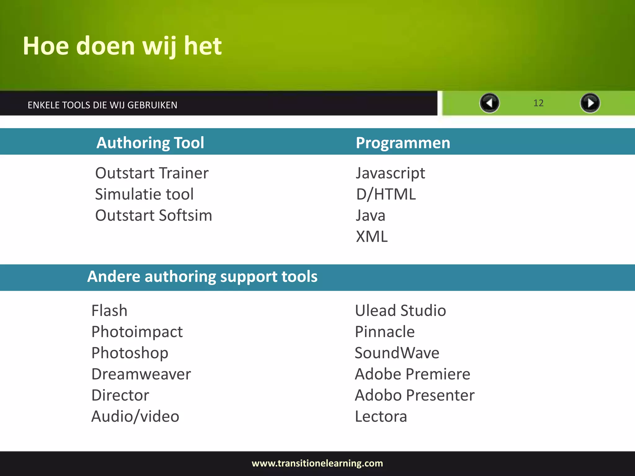Hoe doen wij het
ENKELE TOOLS DIE WIJ GEBRUIKEN                                          12


             Authoring Tool                           Programmen
             Outstart Trainer                         Javascript
             Simulatie tool                           D/HTML
             Outstart Softsim                         Java
                                                      XML

           Andere authoring support tools
            Flash                                     Ulead Studio
            Photoimpact                               Pinnacle
            Photoshop                                 SoundWave
            Dreamweaver                               Adobe Premiere
            Director                                  Adobo Presenter
            Audio/video                               Lectora

                                 www.transitionelearning.com
 