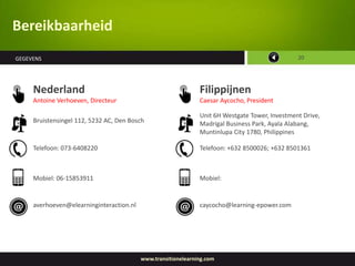 Bereikbaarheid
GEGEVENS                                                                                        20




     Nederland                                                 Filippijnen
     Antoine Verhoeven, Directeur                              Caesar Aycocho, President

                                                               Unit 6H Westgate Tower, Investment Drive,
     Bruistensingel 112, 5232 AC, Den Bosch                    Madrigal Business Park, Ayala Alabang,
                                                               Muntinlupa City 1780, Philippines

     Telefoon: 073-6408220                                     Telefoon: +632 8500026; +632 8501361



     Mobiel: 06-15853911                                       Mobiel:


     averhoeven@elearninginteraction.nl                        caycocho@learning-epower.com




                                          www.transitionelearning.com
 