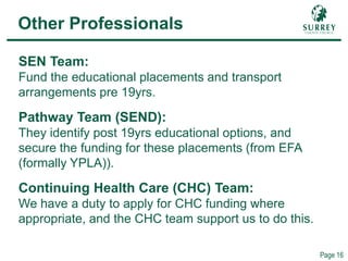 Comp – Other Professionals
Page 16
SEN Team:
Fund the educational placements and transport
arrangements pre 19yrs.
Pathway Team (SEND):
They identify post 19yrs educational options, and
secure the funding for these placements (from EFA
(formally YPLA)).
Continuing Health Care (CHC) Team:
We have a duty to apply for CHC funding where
appropriate, and the CHC team support us to do this.
Other Professionals
 