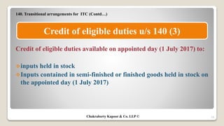 140. Transitional arrangements for ITC (Contd…)
Credit of eligible duties available on appointed day (1 July 2017) to:
inputs held in stock
Inputs contained in semi-finished or finished goods held in stock on
the appointed day (1 July 2017)
18
Credit of eligible duties u/s 140 (3)
Chakraborty Kapoor & Co. LLP ©
 