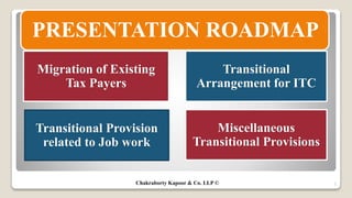 PRESENTATION ROADMAP
Migration of Existing
Tax Payers
Transitional
Arrangement for ITC
Transitional Provision
related to Job work
Miscellaneous
Transitional Provisions
Chakraborty Kapoor & Co. LLP © 2
 