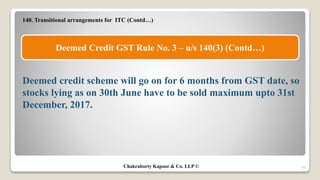 140. Transitional arrangements for ITC (Contd…)
Deemed credit scheme will go on for 6 months from GST date, so
stocks lying as on 30th June have to be sold maximum upto 31st
December, 2017.
26
Deemed Credit GST Rule No. 3 – u/s 140(3) (Contd…)
Chakraborty Kapoor & Co. LLP ©
 