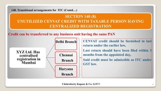 140. Transitional arrangements for ITC (Contd…)
36
SECTION 140 (8)
UNUTILIZED CENVAT CREDIT WITH TAXABLE PERSON HAVING
CENTRALIZED REGISTRATION
XYZ Ltd. Has
centralised
registration in
Mumbai
Delhi Branch
Chennai
Branch
Haryana
Branch
CENVAT credit should be furnished in last
return under the earlier law,
Last return should have been filed within 3
months from the appointed day,
Said credit must be admissible as ITC under
GST law.
Credit can be transferred to any business unit having the same PAN
Chakraborty Kapoor & Co. LLP ©
 