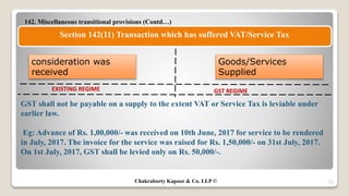 142. Miscellaneous transitional provisions (Contd…)
52
Section 142(11) Transaction which has suffered VAT/Service Tax
EXISTING REGIME GST REGIME
consideration was
received
Goods/Services
Supplied
GST shall not be payable on a supply to the extent VAT or Service Tax is leviable under
earlier law.
Eg: Advance of Rs. 1,00,000/- was received on 10th June, 2017 for service to be rendered
in July, 2017. The invoice for the service was raised for Rs. 1,50,000/- on 31st July, 2017.
On 1st July, 2017, GST shall be levied only on Rs. 50,000/-.
Chakraborty Kapoor & Co. LLP ©
 