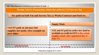 142. Miscellaneous transitional provisions (Contd…)
53
Section 142(11) Transaction which has suffered VAT/Service Tax
EXISTING REGIME GST REGIME
Tax paid on both Vat and Service Tax i.e Works Contract and food etc.
Supply Made
VAT and ST paid in earlier law shall be
available as credit in GST to the extent
supplies made after appointed day (1
July 17)
VAT/ST paid on advance but
supplies not made. (See example on
next slide)
Chakraborty Kapoor & Co. LLP ©
 