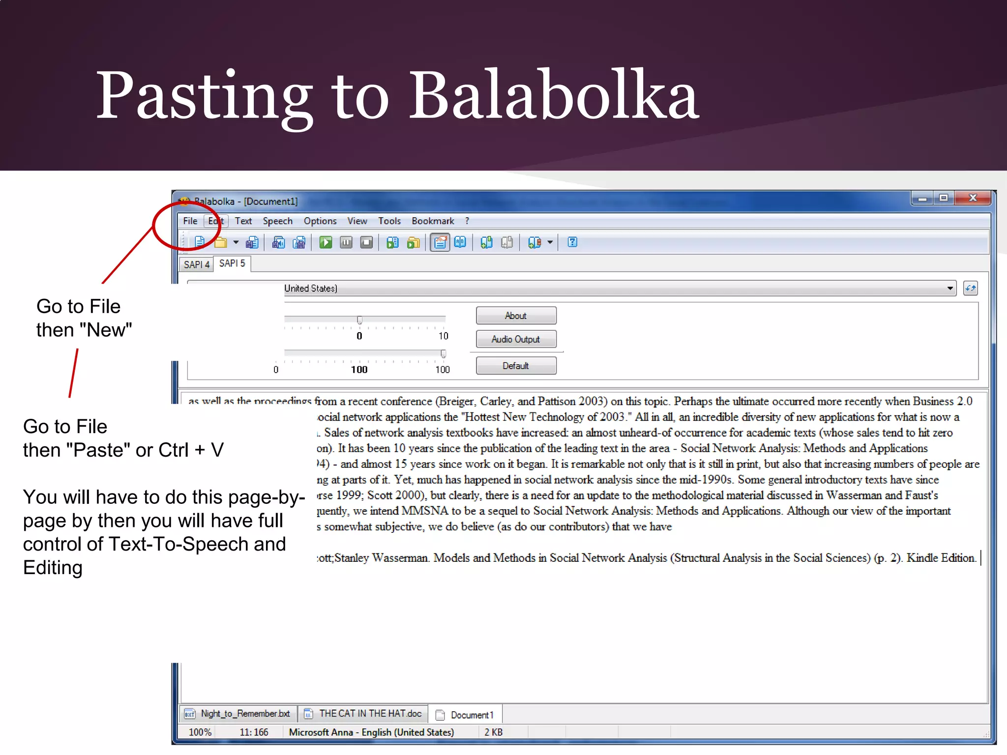 Pasting to Balabolka

 Go to File
 then "New"



Go to File
then "Paste" or Ctrl + V

You will have to do this page-by-
page by then you will have full
control of Text-To-Speech and
Editing
 
