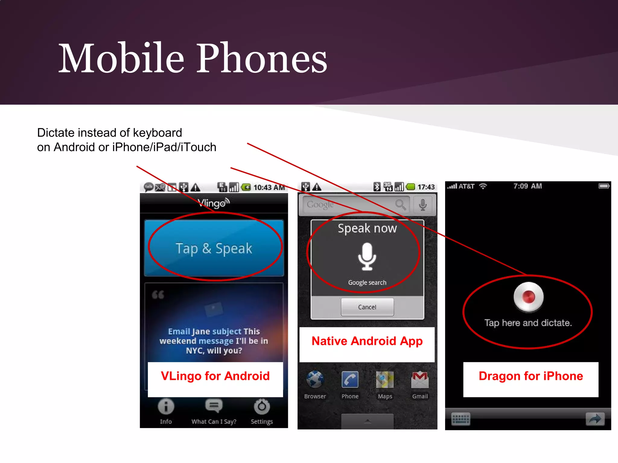 Mobile Phones
Dictate instead of keyboard
on Android or iPhone/iPad/iTouch




                                           Native Android App

                      VLingo for Android                        Dragon for iPhone
 