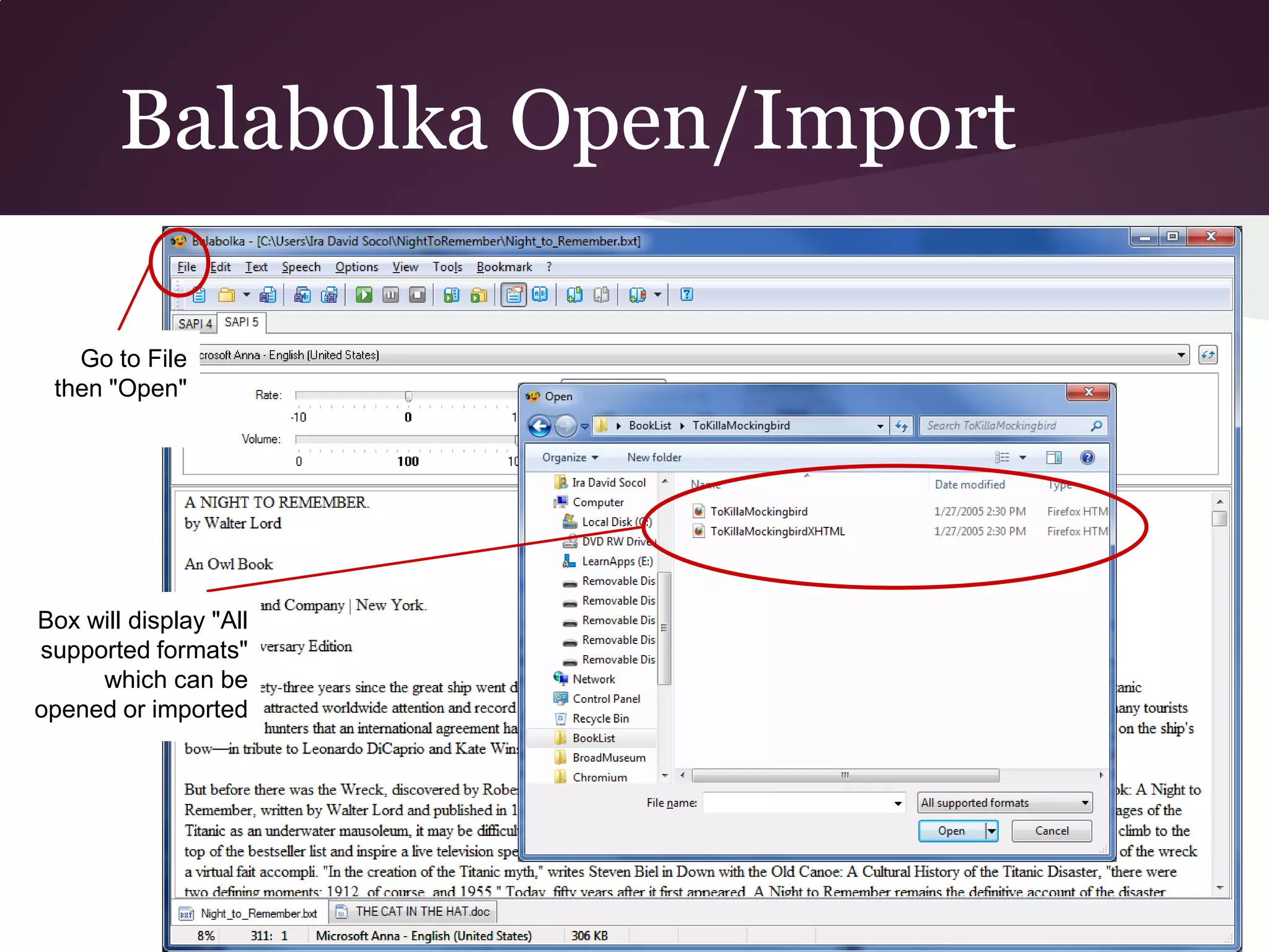 Balabolka Open/Import

   Go to File
 then "Open"




Box will display "All
supported formats"
     which can be
opened or imported
 