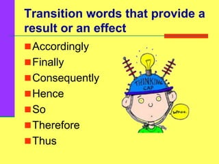 Transition words that provide a
result or an effect
Accordingly
Finally
Consequently
Hence
So
Therefore
Thus
 