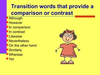 Transition words that provide a
comparison or contrast
 Although
 However
 In comparison
 In contrast
 Likewise
 Nevertheless
 On the other hand
 Similarly
 Whereas
 Yet
 