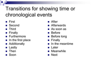 Transitions for showing time or
chronological events
   First                   After
   Second                  Afterwards
   Third                   As soon as
   Finally                 Before
   Furthermore             Before long
   In the first place      Finally
   Additionally            In the meantime
   Lastly                  Later
   Then                    Meanwhile
   Soon                    Next
 
