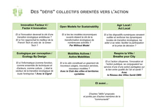DES "DÉFIS" COLLECTIFS ORIENTÉS VERS L'ACTION
Ecologique par conception /
Ecology By Design
Agir Local /
Act Local
Open Models for Sustainability
Et si l'informatique (comme fonction,
comme ensemble de techniques et
d'acteurs, comme culture…) était le
vecteur de la transition écologique de
toute l'entreprise ? Avec le Cigref
Et si les dispositifs numériques venaient
outiller et renforcer les dynamiques
locales de transition écologique, les
aider à se relier, faciliter la participation
et la prise de décision ?
Et si les les modèles économiques
ouverts étaient la clé de la
transformation écologique de
nombreuses activités ?
Par Without Model
Respire ta Ville /
Breathe your City
Mobilités Actives /
Active Mobilities
Innovation Facteur 4 /
Factor 4 Innovation
Et si l’action citoyenne, l’innovation et
l’action publique, se conjuguaient au
service d’une d’une action partagées sur
le lien entre qualité de l’air et santé ?
Avec
le Réseau des Villes Santé OMS
Et si le vélo constituait un gisement de
nouveaux usages, nouveaux services,
nouveaux modèles ?
Avec le Club des villes et territoires
cyclables
Et si l'innovation devenait la clé d'une
transition écologique ambitieuse ?
Et si l'on rapprochait le meilleur de la
French Tech et celui de la Green
Tech ?
Et aussi…
D'autres "défis" proposés
et portés par d'autres membres de la
"communauté"
 