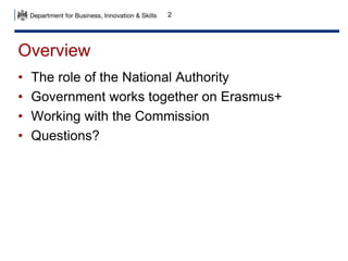 2 
Overview 
• The role of the National Authority 
• Government works together on Erasmus+ 
• Working with the Commission 
• Questions? 
 