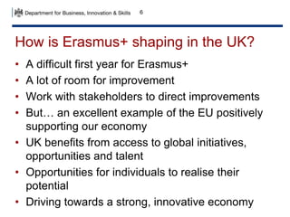6 
How is Erasmus+ shaping in the UK? 
• A difficult first year for Erasmus+ 
• A lot of room for improvement 
• Work with stakeholders to direct improvements 
• But… an excellent example of the EU positively 
supporting our economy 
• UK benefits from access to global initiatives, 
opportunities and talent 
• Opportunities for individuals to realise their 
potential 
• Driving towards a strong, innovative economy 
 