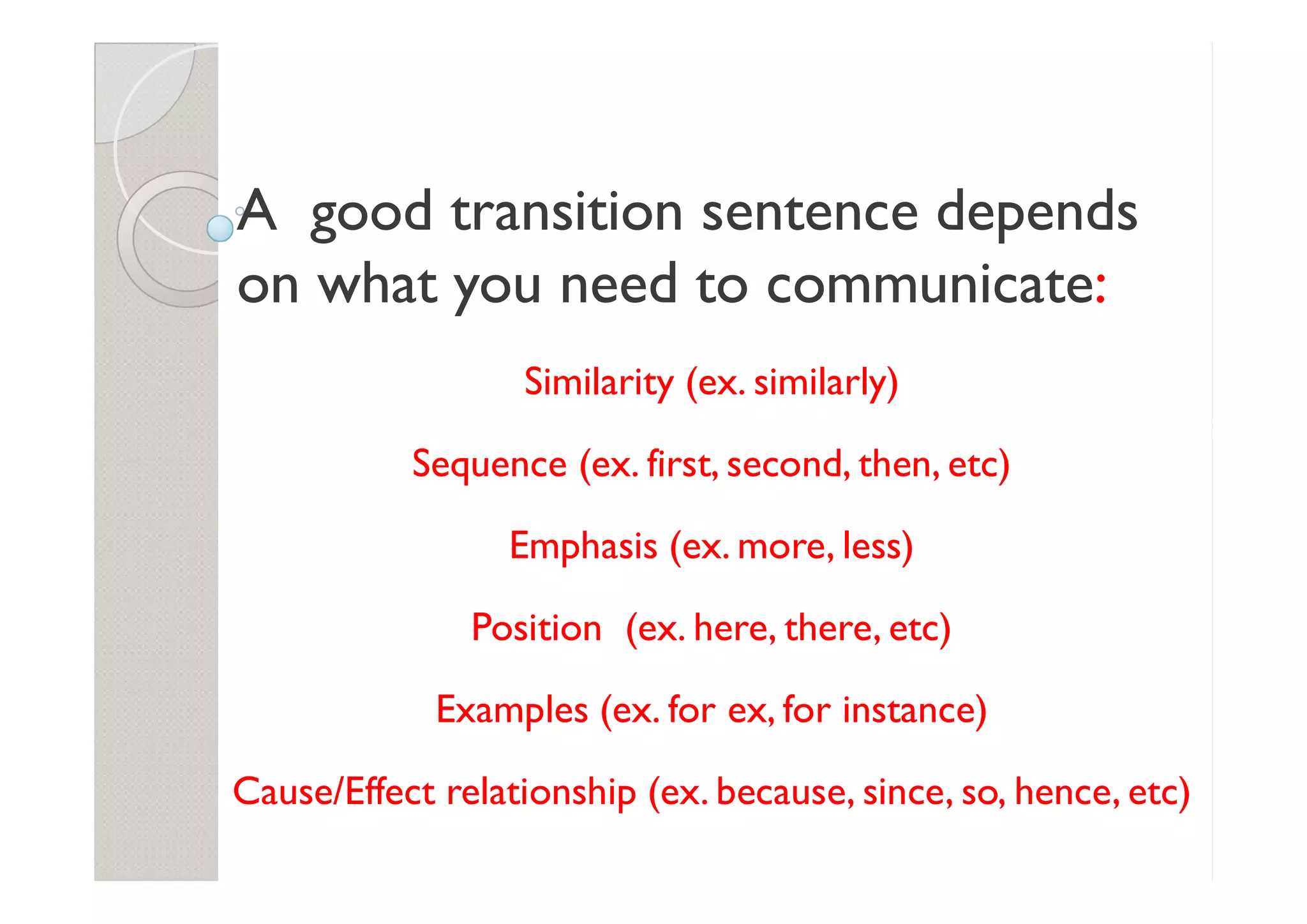 A good transition sentence depends
A good transition sentence depends
on what you need to communicate
on what you need to communicate:
:
Similarity (ex. similarly)
Sequence (ex. first, second, then, etc)
Sequence (ex. first, second, then, etc)
Emphasis (ex. more, less)
Position (ex. here, there, etc)
Examples (ex. for ex, for instance)
Cause/Effect relationship (ex. because, since, so, hence, etc)
 