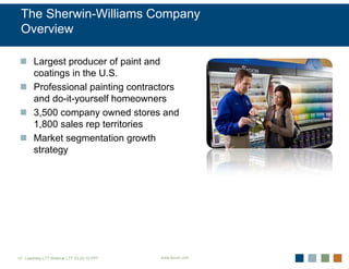 The Sherwin-Williams Company
 Overview

       Largest producer of paint and
       coatings in the U.S.
       Professional painting contractors
       and do-it-yourself homeowners
       3,500 company owned stores and
       1,800 sales rep territories
       Market segmentation growth
       strategy




10 Leadrshp.LTT.Webinar LTT 03-22-10.PPT   www.forum.com
 