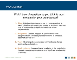 Poll Question

                       Which type of transition do you think is most
                              prevalent in your organization?

                         1. Place: Role transition—leaders new to the organization, or
                            existing leaders with a new role, moving to a different business

 Ask the Audience           unit, or experiencing a significant leap in the scope
                            responsibilities.

                         2. Assignment: Leaders engaged in special limited-term
                            assignments on a focused project or initiative to address a
                            specific business issue.

                         3. Team: No change to leaders’ jobs, but their teams change
                            significantly or altogether.

                         4. Heading change: Leaders have a new boss, or the organization
                            has new management/ownership, or a significant new heading
                            or strategy.

5 Leadrshp.LTT.Webinar LTT 03-22-10.PPT             www.forum.com
 