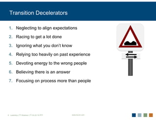 Transition Decelerators

 1. Neglecting to align expectations

 2. Racing to get a lot done

 3. Ignoring what you don’t know

 4. Relying too heavily on past experience

 5. Devoting energy to the wrong people

 6. Believing there is an answer

 7. Focusing on process more than people




6 Leadrshp.LTT.Webinar LTT 03-22-10.PPT   www.forum.com
 