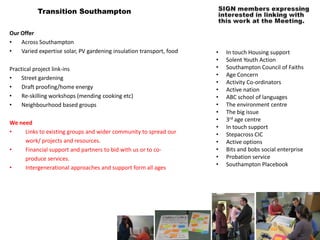Transition Southampton


Our Offer
•   Across Southampton
•   Varied expertise solar, PV gardening insulation transport, food   •   In touch Housing support
                                                                      •   Solent Youth Action
Practical project link-ins                                            •   Southampton Council of Faiths
                                                                      •   Age Concern
•    Street gardening
                                                                      •   Activity Co-ordinators
•    Draft proofing/home energy                                       •   Active nation
•    Re-skilling workshops (mending cooking etc)                      •   ABC school of languages
•    Neighbourhood based groups                                       •   The environment centre
                                                                      •   The big issue
                                                                      •   3rd age centre
We need
                                                                      •   In touch support
•    Links to existing groups and wider community to spread our       •   Stepacross CIC
     work/ projects and resources.                                    •   Active options
•    Financial support and partners to bid with us or to co-          •   Bits and bobs social enterprise
     produce services.                                                •   Probation service
                                                                      •   Southampton Placebook
•    Intergenerational approaches and support form all ages
 