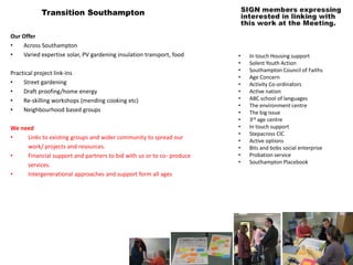 Transition Southampton

Our Offer
•   Across Southampton
•   Varied expertise solar, PV gardening insulation transport, food    •   In touch Housing support
                                                                       •   Solent Youth Action
                                                                       •   Southampton Council of Faiths
Practical project link-ins
                                                                       •   Age Concern
•    Street gardening                                                  •   Activity Co-ordinators
•    Draft proofing/home energy                                        •   Active nation
•    Re-skilling workshops (mending cooking etc)                       •   ABC school of languages
                                                                       •   The environment centre
•    Neighbourhood based groups                                        •   The big issue
                                                                       •   3rd age centre
We need                                                                •   In touch support
                                                                       •   Stepacross CIC
•    Links to existing groups and wider community to spread our
                                                                       •   Active options
     work/ projects and resources.                                     •   Bits and bobs social enterprise
•    Financial support and partners to bid with us or to co- produce   •   Probation service
                                                                       •   Southampton Placebook
     services.
•    Intergenerational approaches and support form all ages
 