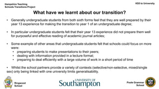 Poole Grammar
School
What have we learnt about our transition?
Ringwood
School
KS5 to UniversityHampshire Teaching
Schools...