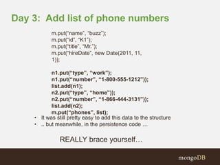Day 3: Add list of phone numbers 
m.put(“name”, “buzz”); 
m.put(“id”, “K1”); 
m.put(“title”, “Mr.”); 
m.put(“hireDate”, new Date(2011, 11, 
1)); 
n1.put(“type”, “work”); 
n1.put(“number”, “1-800-555-1212”)); 
list.add(n1); 
n2.put(“type”, “home”)); 
n2.put(“number”, “1-866-444-3131”)); 
list.add(n2); 
m.put(“phones”, list); 
• It was still pretty easy to add this data to the structure 
• .. but meanwhile, in the persistence code … 
REALLY brace yourself… 
 