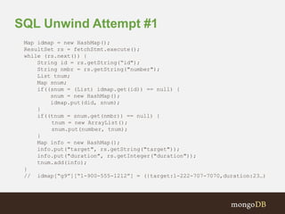 SQL Unwind Attempt #1 
Map idmap = new HashMap(); 
ResultSet rs = fetchStmt.execute(); 
while (rs.next()) { 
String id = rs.getString(“id"); 
String nmbr = rs.getString("number"); 
List tnum; 
Map snum; 
if((snum = (List) idmap.get(id)) == null) { 
snum = new HashMap(); 
idmap.put(did, snum); 
} 
if((tnum = snum.get(nmbr)) == null) { 
tnum = new ArrayList(); 
snum.put(number, tnum); 
} 
Map info = new HashMap(); 
info.put("target", rs.getString("target")); 
info.put("duration", rs.getInteger("duration")); 
tnum.add(info); 
} 
// idmap[“g9”][“1-900-555-1212”] = ({target:1-222-707-7070,duration:23…) 
 