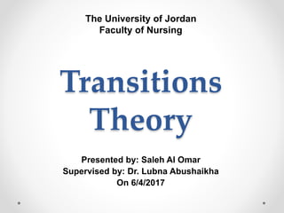 Transitions
Theory
Presented by: Saleh Al Omar
Supervised by: Dr. Lubna Abushaikha
On 6/4/2017
The University of Jordan
Faculty of Nursing
 
