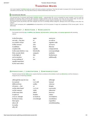 9/27/2017 Transition Words & Phrases
http://www.smart-words.org/linking-words/transition-words.html 1/5
As a "part of speech" transition words are used to link words, phrases or sentences. They help the reader to progress from one idea (expressed by
the author) to the next idea. Thus, they help to build up coherent relationships within the text.
Transitional Words
This structured list of commonly used English transition words — approximately 200, can be considered as quasi complete. It can be used (by
students and teachers alike) to find the right expression. English transition words are essential, since they not only connect ideas, but also can
introduce a certain shift, contrast or opposition, emphasis or agreement, purpose, result or conclusion, etc. in the line of argument.
The transition words and phrases have been assigned only once to somewhat artificial categories, although some words belong to more than one
category.
There is some overlapping with » prepositions and postpositions, but for the purpose of usage and completeness of this concise guide, I did not
differentiate.
A / A / S
The transition words like also, in addition, and, likewise, add information, reinforce ideas, and express agreement with preceding
material.
O / L / C
Transition phrases like but, rather and or, express that there is evidence to the contrary or point out alternatives, and thus introduce a
change the line of reasoning (contrast).
Transition Words
in the first place
not only ... but also
as a matter of fact
in like manner
in addition
coupled with
in the same fashion / way
first, second, third
in the light of
not to mention
to say nothing of
equally important
by the same token
again
to
and
also
then
equally
identically
uniquely
like
as
too
moreover
as well as
together with
of course
likewise
comparatively
correspondingly
similarly
furthermore
additionally
although this may be true
in contrast
different from
of course ..., but
on the other hand
on the contrary
at the same time
in spite of
even so / though
be that as it may
then again
above all
in reality
after all
but
(and) still
unlike
or
(and) yet
while
albeit
besides
as much as
even though
although
instead
whereas
despite
conversely
otherwise
however
rather
nevertheless
nonetheless
regardless
notwithstanding
 