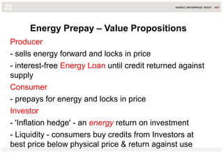 Energy Prepay – Value Propositions
Producer
- sells energy forward and locks in price
- interest-free Energy Loan until credit returned against
supply
Consumer
- prepays for energy and locks in price
Investor
- 'Inflation hedge' - an energy return on investment
- Liquidity - consumers buy credits from Investors at
best price below physical price & return against use
 
