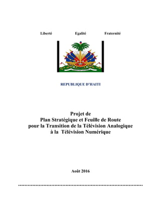 Liberté Egalité Fraternité
REPUBLIQUE D’HAITI
Projet de
Plan Stratégique et Feuille de Route
pour la Transition de la Télévision Analogique
à la Télévision Numérique
Août 2016
 