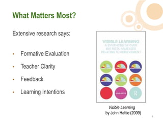 What Matters Most?

Extensive research says:


•   Formative Evaluation

•   Teacher Clarity

•   Feedback

•   Learning Intentions

                             Visible Learning
                           by John Hattie (2009)
                                                   6  
 
