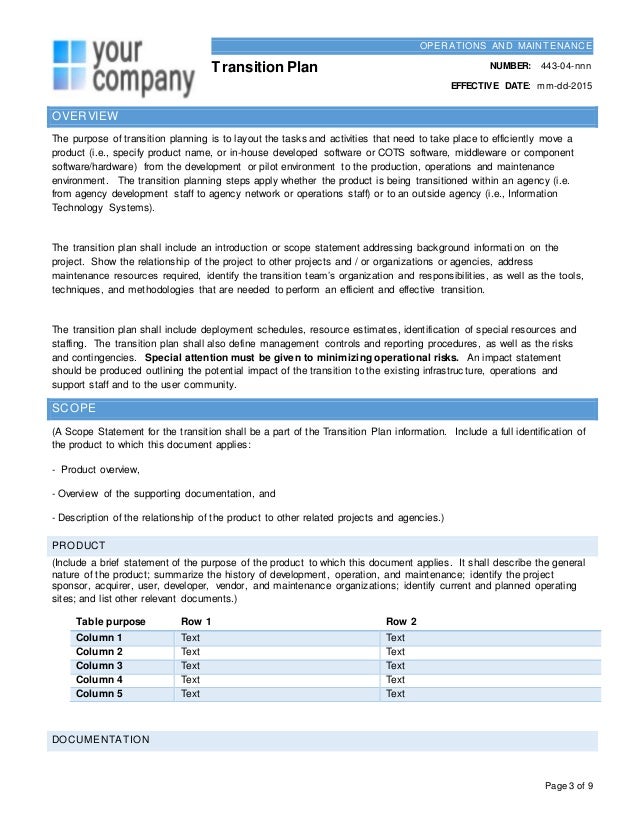 Transition to operations template Julie Bozzi Oregon
