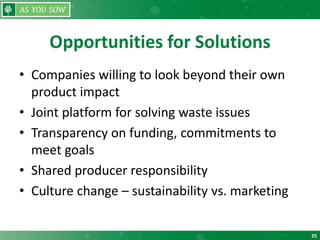 25
Opportunities for Solutions
• Companies willing to look beyond their own
product impact
• Joint platform for solving waste issues
• Transparency on funding, commitments to
meet goals
• Shared producer responsibility
• Culture change – sustainability vs. marketing
 