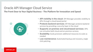 Copyright © 2015 Oracle and/or its affiliates. All rights reserved.
• API visibility in the cloud: API Manager provides visibility to
APIs through a cloud-based portal
• Protects backend services: API Manager protects backend
services by providing a security layer in the cloud
• Supports on-premise and cloud-based services: APIs
can virtualize both cloud and on-premise services
• Scalability: Easily provision additional resources to scale as
needed
• Low maintenance: Automated backup and recovery, single
click patching
Oracle API Manager Cloud Service
The Front Door to Your Digital Business - The Platform for Innovation and Speed
 