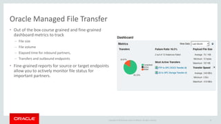 Copyright © 2015 Oracle and/or its affiliates. All rights reserved.
Oracle Managed File Transfer
• Out of the box course grained and fine-grained
dashboard metrics to track
– File size
– File volume
– Elapsed time for inbound partners,
– Transfers and outbound endpoints
• Fine-grained reports for source or target endpoints
allow you to actively monitor file status for
important partners.
19
 