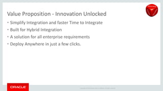 Copyright © 2015 Oracle and/or its affiliates. All rights reserved.
Value Proposition - Innovation Unlocked
• Simplify Integration and faster Time to Integrate
• Built for Hybrid Integration
• A solution for all enterprise requirements
• Deploy Anywhere in just a few clicks.
 