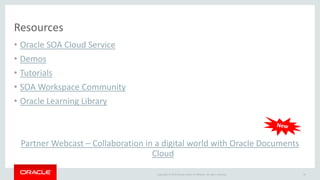 Copyright © 2015 Oracle and/or its affiliates. All rights reserved.
Resources
• Oracle SOA Cloud Service
• Demos
• Tutorials
• SOA Workspace Community
• Oracle Learning Library
Partner Webcast – Collaboration in a digital world with Oracle Documents
Cloud
58
 