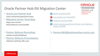 Copyright © 2015 Oracle and/or its affiliates. All rights reserved.
• Oracle.com Partner Hub
oracle.com/partners/goto/hub-ecemea
• Migration Center Team Blog
blogs.oracle.com/imc
feeds.feedburner.com/oracleIMC
• Partner Webcast Recordings
youtube.com/OracleIMCteam
• Partner Webcast Presentations
slideshare.net/Oracle_IMC_team
• Partner.IMC@beehiveonline.oracle.com
Oracle Partner Hub ISV Migration Center
• twitter.com/OracleIMC
• plus.google.com/+OracleIMC
• facebook.com/OracleIMC
• linkedin.com/groups/Oracle-Partner-Hub-Migration-
Center-4535240
 
