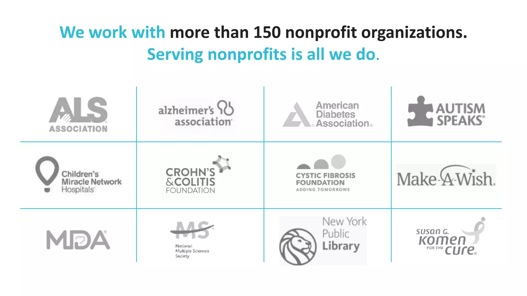 We work with more than 150 nonprofit organizations.
Serving nonprofits is all we do.
 