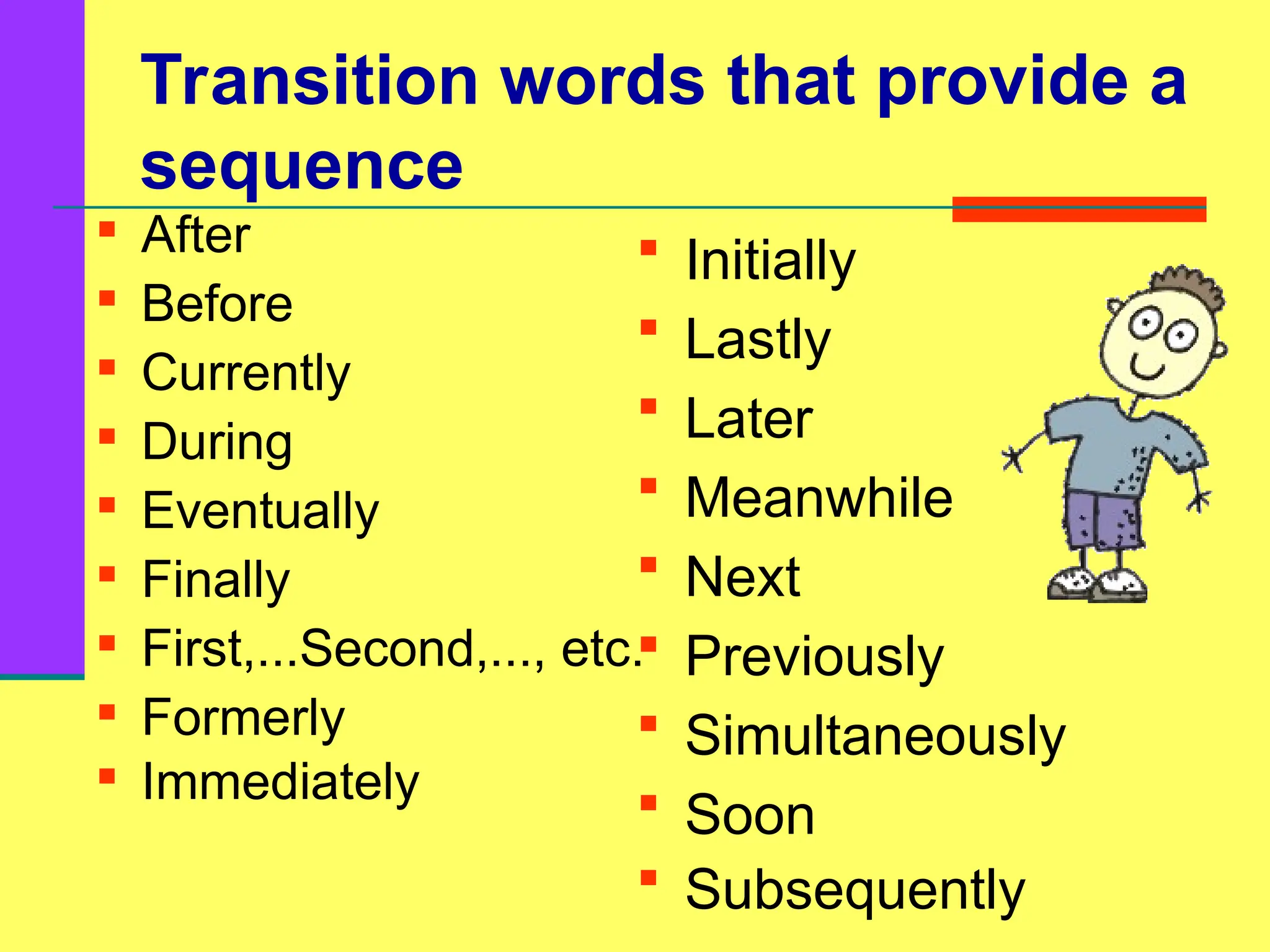Transition words that provide a
sequence

After

Before

Currently

During

Eventually

Finally

First,...Second,..., etc.

Formerly

Immediately
 Initially
 Lastly
 Later
 Meanwhile
 Next
 Previously
 Simultaneously
 Soon
 Subsequently
 