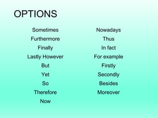 OPTIONS
Sometimes
Furthermore
Finally
Lastly However
But
Yet
So
Therefore
Now
Nowadays
Thus
In fact
For example
Firstly
Secondly
Besides
Moreover
 