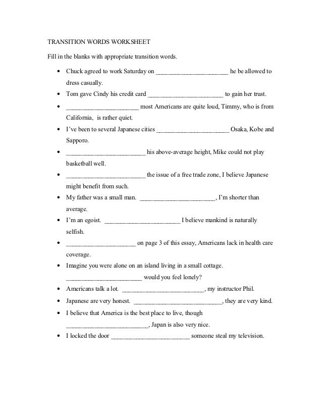 Using Transitional Words And Phrases Worksheet