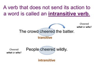 A verb that does not send its action to
a word is called an intransitive verb.
                                             Cheered
                                           what or who?
           The crowd cheered the batter.
                      transitive


   Cheered      People cheered wildly.
 what or who?


                      intransitive
 