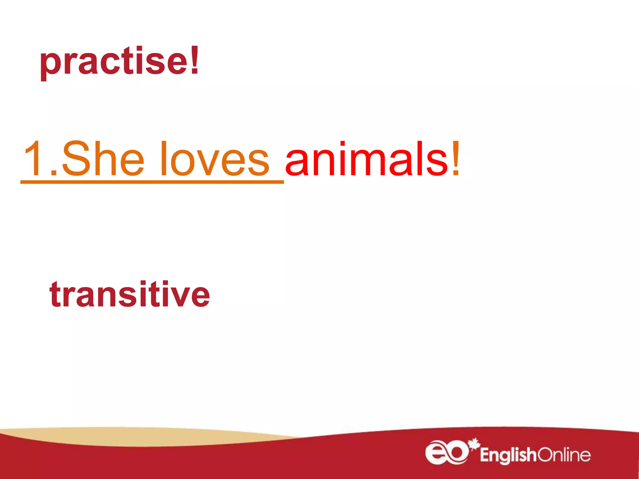 practise!
1.She loves animals!
transitive
 