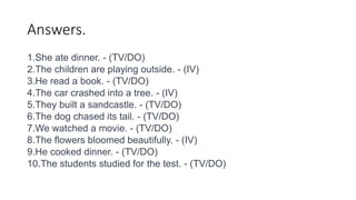 Answers.
1.She ate dinner. - (TV/DO)
2.The children are playing outside. - (IV)
3.He read a book. - (TV/DO)
4.The car crashed into a tree. - (IV)
5.They built a sandcastle. - (TV/DO)
6.The dog chased its tail. - (TV/DO)
7.We watched a movie. - (TV/DO)
8.The flowers bloomed beautifully. - (IV)
9.He cooked dinner. - (TV/DO)
10.The students studied for the test. - (TV/DO)
 