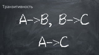 Транзитивность
A->B, B->C
A->C
 